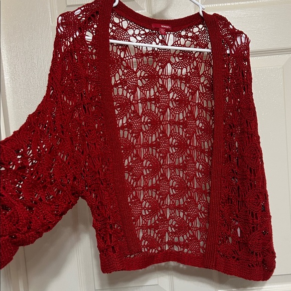 BONGO Sweaters - BONGO Open-Knit Crochet Shrug Cardigan Deep Red oversize S - L vintage